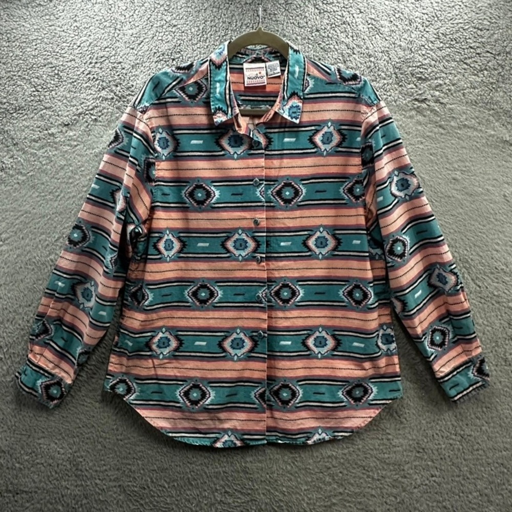 VTG Nuovo Men's Large Southwestern Geometric Button Down Shirt Teal Peach Cotton